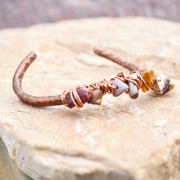Mookite Jasper Solid Copper Healing Cuff Bracelet Wire Wrapped Bohemian Natural - Picture 3 of 6